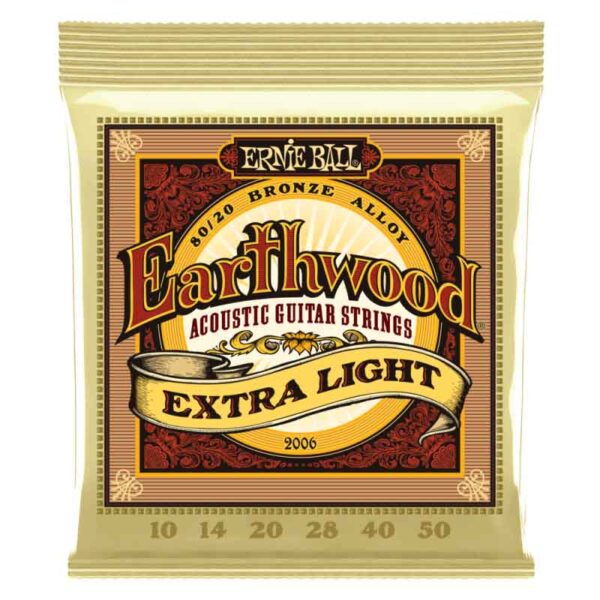 Cuerdas Ernie Ball  10-50 - Earthwood Extra Light 80/20  (2006). Set de 6 cuerdas para guitarra acústica:  10 - 14 - 20 - 28 -40 - 50.