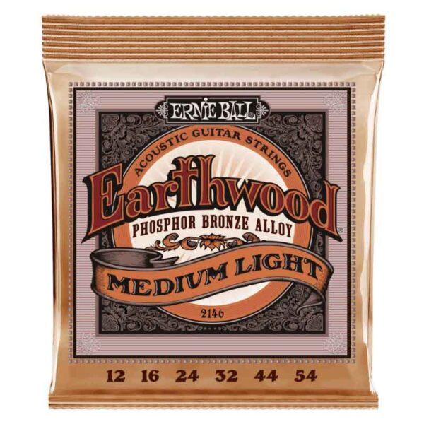 Cuerdas Ernie Ball  12-54 - Earthwood Medium Light Phosphor Bronze (2146). Set de 6 cuerdas para guitarra acústica:  12 - 16 - 24 - 32 - 44 - 54.