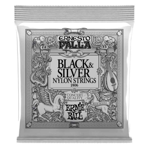 Cuerdas Ernie Ball - Ernesto Palla Nylon Strings Black and Silver (2406). Set de 6 cuerdas de Nylon Tensión Media para guitarra clásica:   28 - 32 - 40 - 30 - 36 - 42.