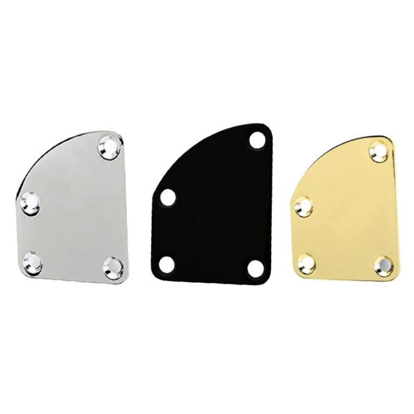 Neck Plate Redondeada. Placa metálica para la unión de cuerpo y mástil en guitarras tipo Fender o instrumentos afines tipo Bolt-on. Hecha de acero inoxidable, apta para guitarras eléctricas y bajos. Incluye: 4 Tornillos del color.